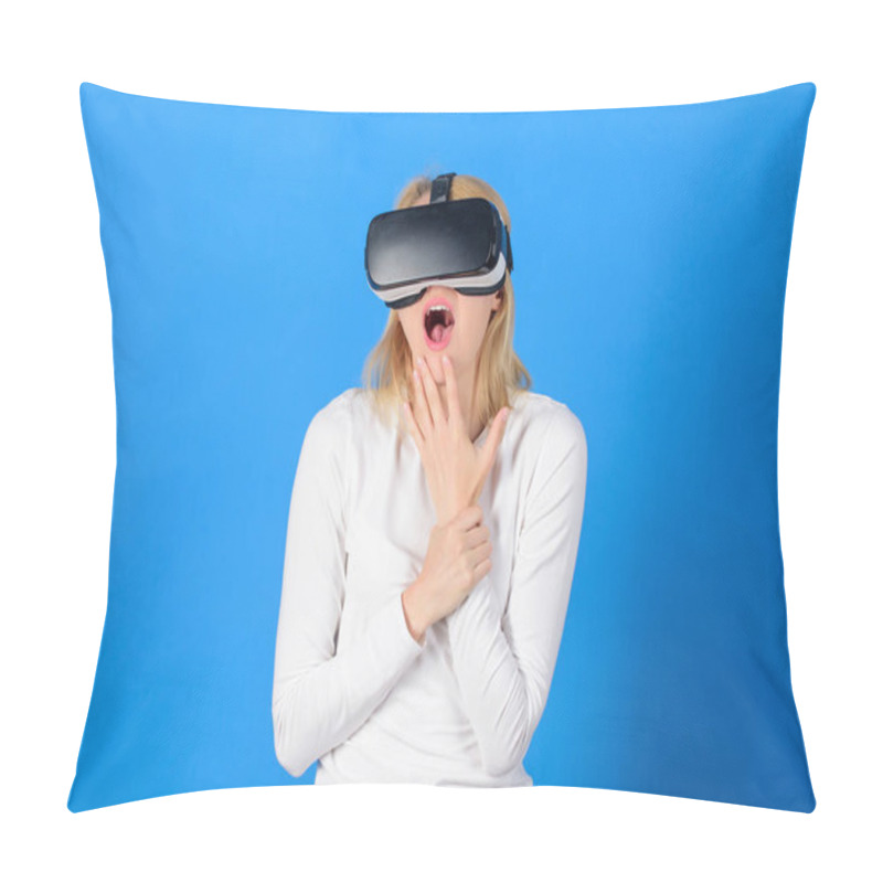 Personality  Woman Wearing Virtual Reality Goggles In Blue Background. Woman Enjoying Cyber Fun Experience In Vr. Amazed Young Woman Touching The Air During The VR Experience. Technical Network. Pillow Covers