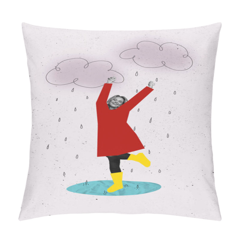 Personality  Vertical Collage Of Carefree Positive Black White Effect Girl Coat Boots Dancing Puddle Painted Clouds Raindrops Isolated On Paper Background. Pillow Covers