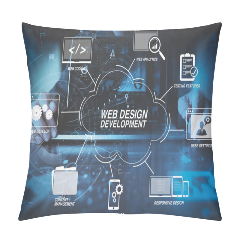 Personality  Developing Programming And Coding Technologies With Website Design In Virtual Diagram.businessman Hand Working With Modern Laptop Computer In Modern Office With Virtual Icon Diagram Pillow Covers