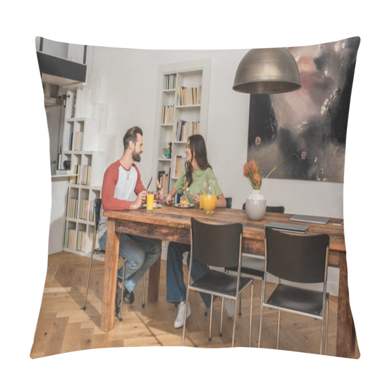 Personality  Side View Of Smiling Couple Sitting Near Breakfast And Laptops On Table  Pillow Covers