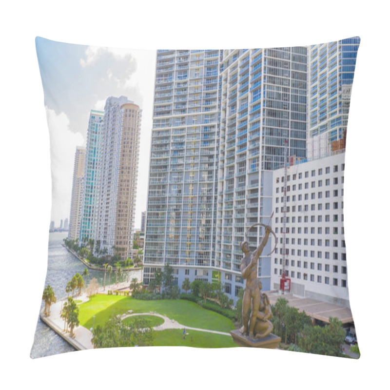 Personality  Aerial Image Of Tequesta Indian Warrior Aiming An Arrow To The Sky A Landmark Statue On The Brickell Bridge Miami FL Pillow Covers