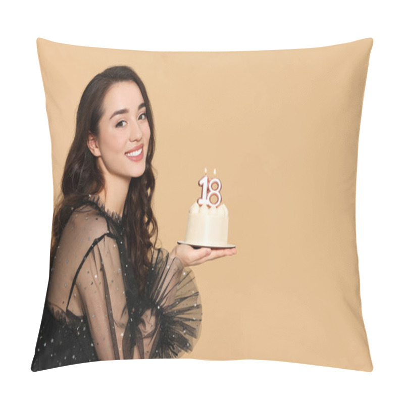 Personality  Coming Of Age Party - 18th Birthday. Smiling Woman Holding Delicious Cake With Number Shaped Candles On Beige Background, Space For Text Pillow Covers