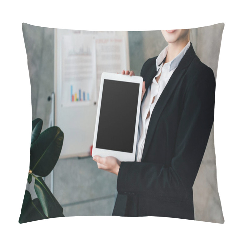 Personality  Partial View Of Smiling Businesswoman Holding Digital Tablet With Black Screen Pillow Covers