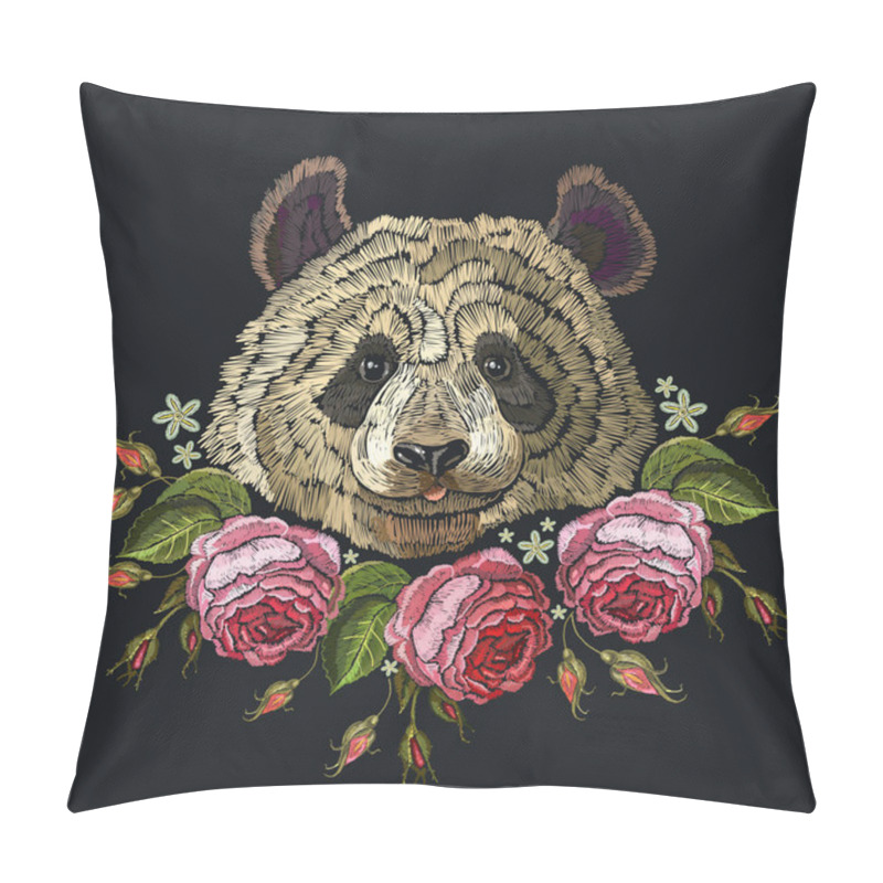 Personality  Embroidery Panda And Flowers. Fashion Template For Clothes, Text Pillow Covers