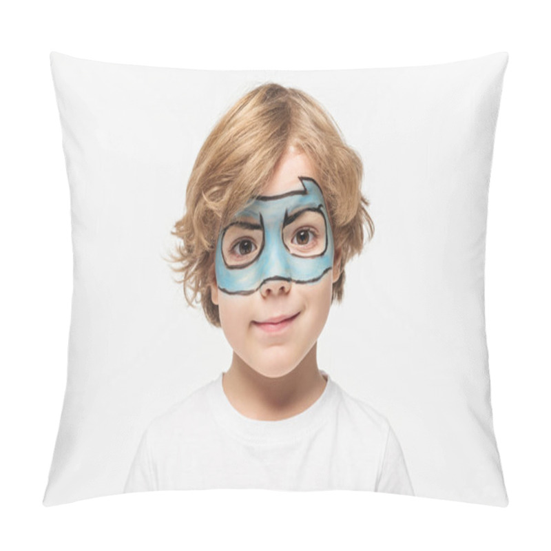 Personality  Adorable Boy With Superhero Mask Painted On Face Smiling At Camera Isolated On White Pillow Covers