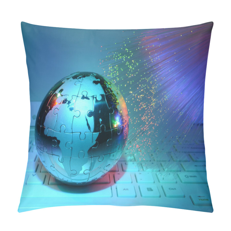 Personality  Technology Steel Earth On Laptop Keyboard Against Fiber Optic Background Pillow Covers