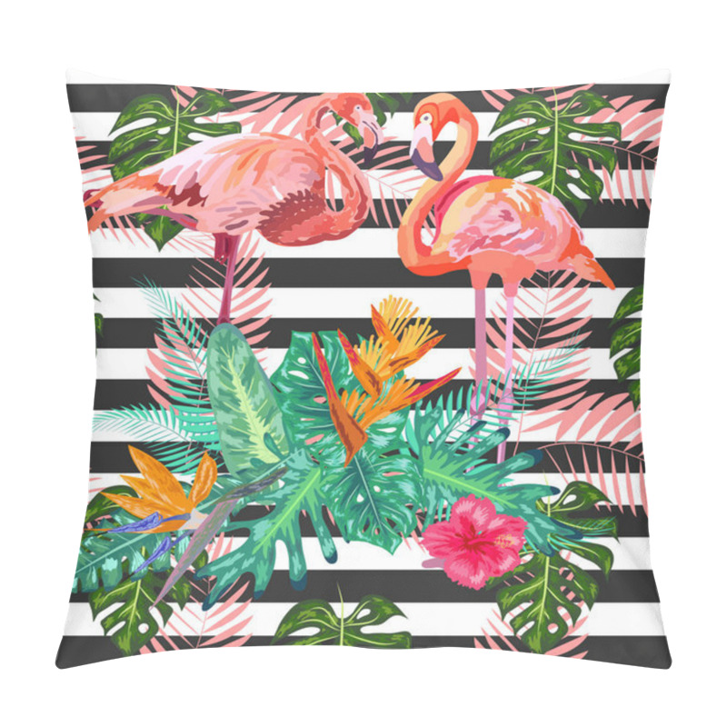 Personality  Pink Flamingos Hibiscus, Monstera, Banana Leaf Tropic Summer Sea Pillow Covers