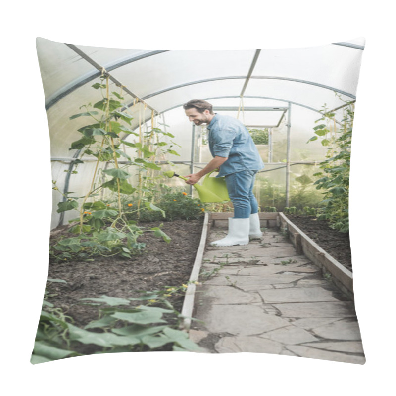 Personality  Full Length View Of Farmer In Denim Clothes Watering Plants In Greenhouse Pillow Covers