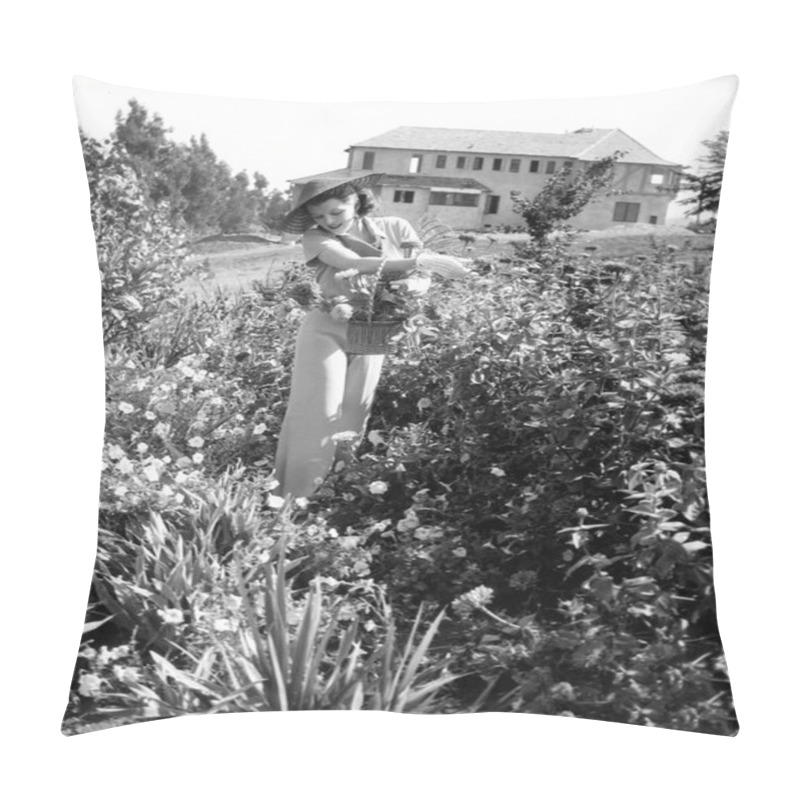 Personality  Woman Picking Flowers In Garden Pillow Covers