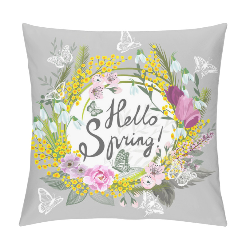 Personality  Postcard March 8. Mimosa Branches With Butterflies . Hello Spring. Vector Illustration Pillow Covers