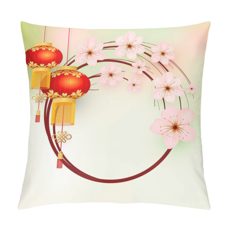 Personality  Floral Frame. Chinese Lanterns And Sakura Flowers. Template For A Holiday Card. Asian Background. Retro Style. Vector Pillow Covers