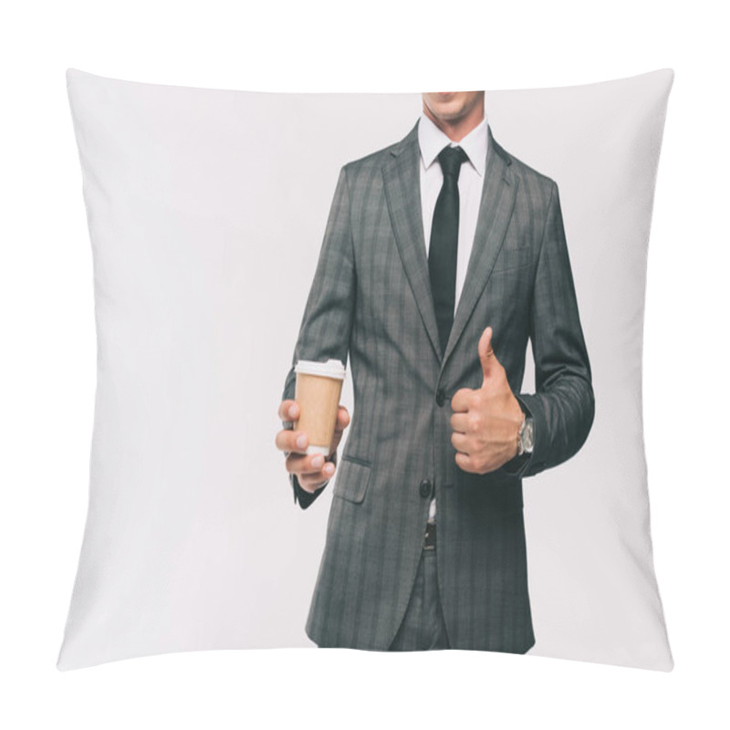 Personality  Cropped Image Of Businessman Holding Coffee In Paper Cup And Showing Thumb Up Isolated On White Pillow Covers