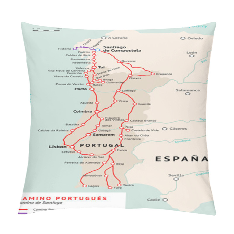 Personality  Camino Portugues Map. Camino De Santiago Portugal Pillow Covers