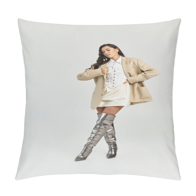 Personality  A Young Woman Confidently Poses In An Oversized Blazer And Knee High Boots. Pillow Covers