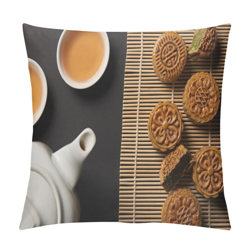 Personality  Top View Of Traditional Mooncakes, Tea Pot And Cups On Bamboo Table Mat Pillow Covers