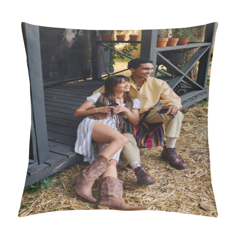 Personality  A Man And A Woman Of Different Races Relax Together On A Wooden Porch, Enjoying Each Others Company In A Peaceful Setting. Pillow Covers