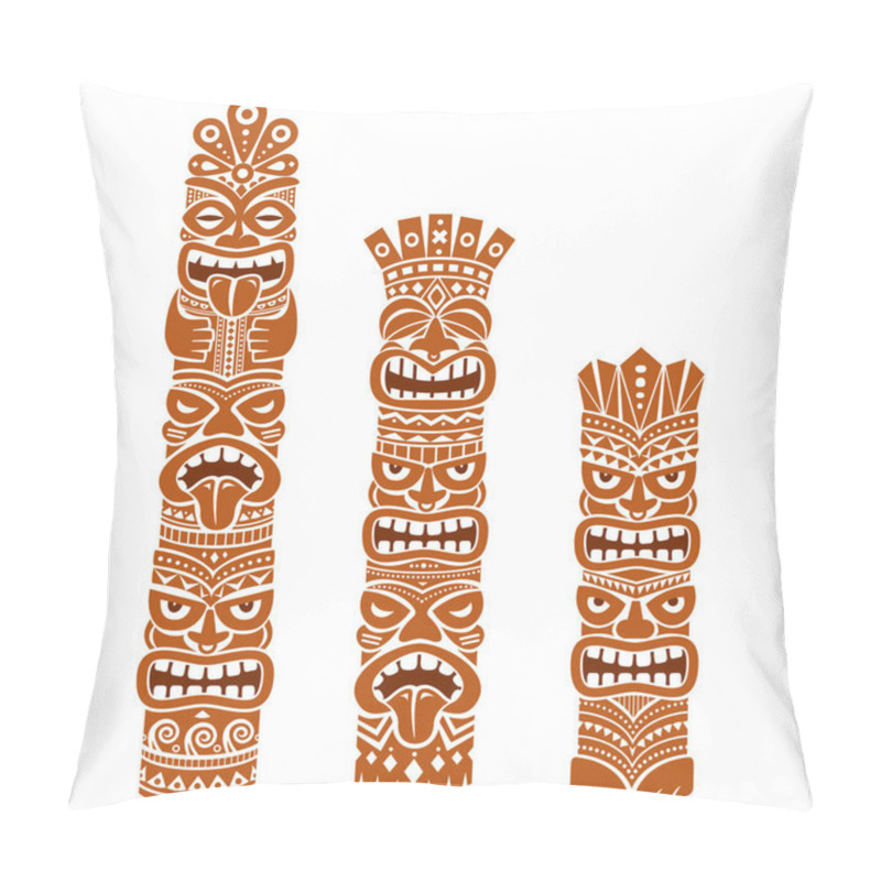 Personality  Hawaiian And Polynesia Tiki Pole Totem Vector Design - Brown Tribal Folk Art Background, Two Or Three Heads Statue  Pillow Covers