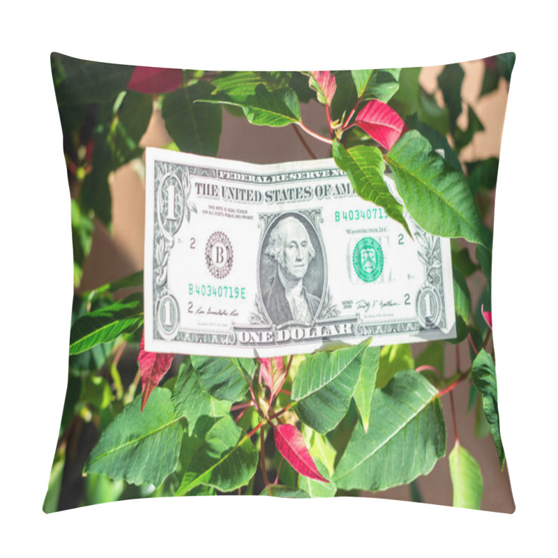 Personality   A Dollar Bill Grows On A Tree With Green And Red Leaves. Growth Of The Dollar Exchange Rate. Income And Prosperity Pillow Covers