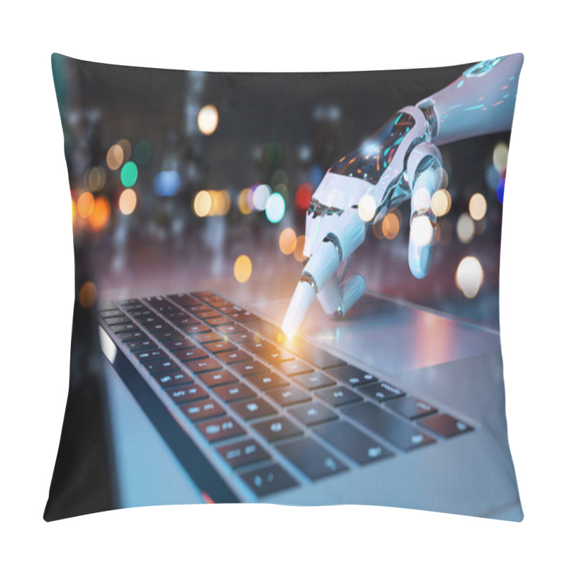 Personality  Robotic Cyborg Hand Pressing A Keyboard On A Laptop 3D Rendering Pillow Covers