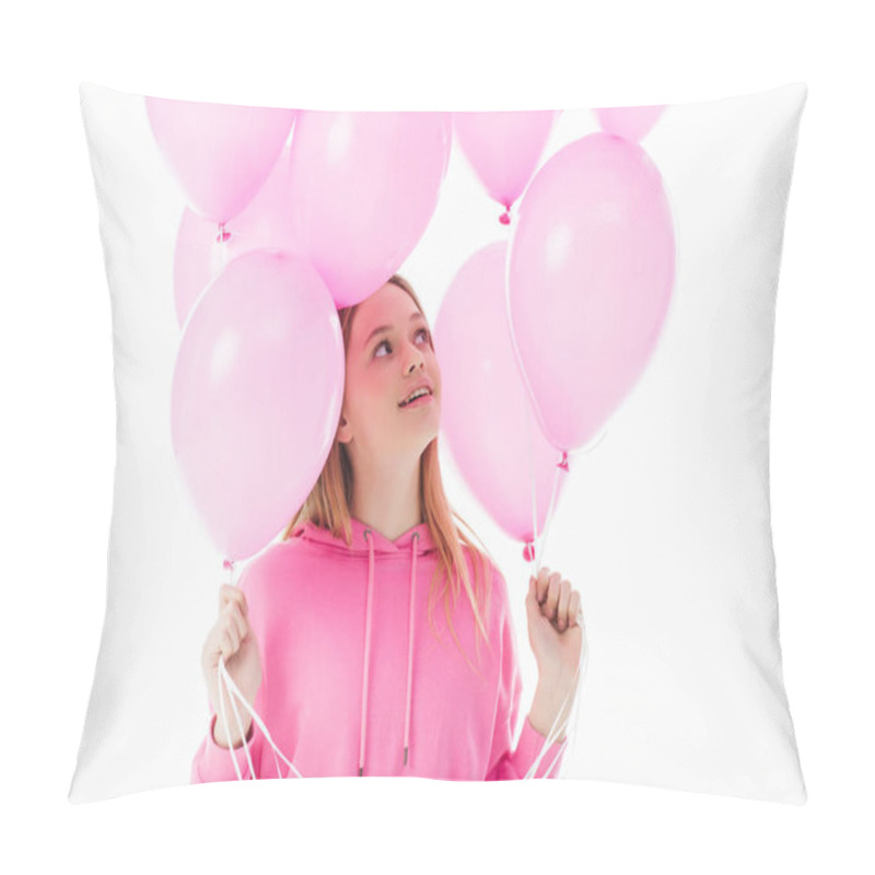 Personality  Happy Teenage Girl Looking At Pink Balloons Isolated On White Pillow Covers