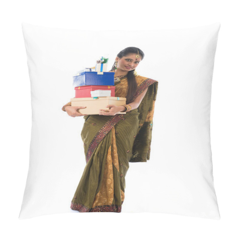 Personality  Portrait Of A Woman In Traditional Saree Holding Gifts And Smili Pillow Covers