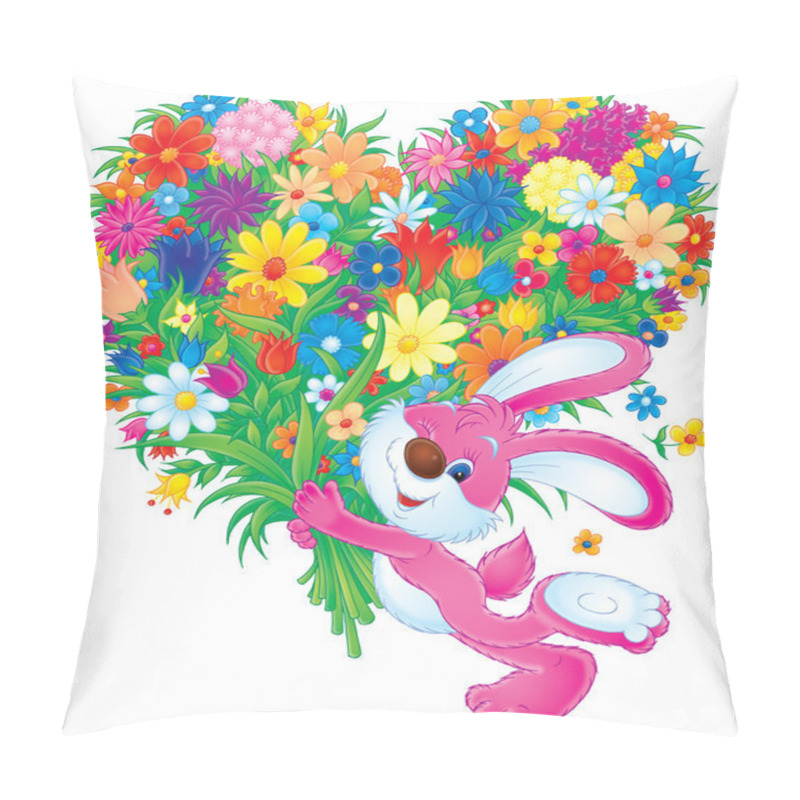 Personality  Bunny Rabbit Carrying A Large Heart Shaped Floral Bouquet Pillow Covers