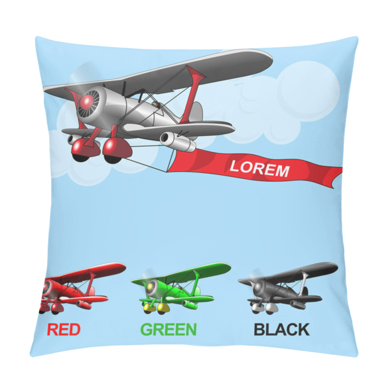 Personality  Old Airplane Model Flying In The Sky With Clouds, Silver, Green And Black Set Collection Over Blue Background. Digital Vector Image. Pillow Covers