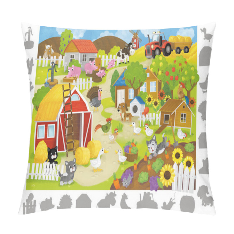 Personality  Cartoon Scene With Farm Board Game Page With Farm Village Ranch Finding Elemens Illustration For Kids Pillow Covers