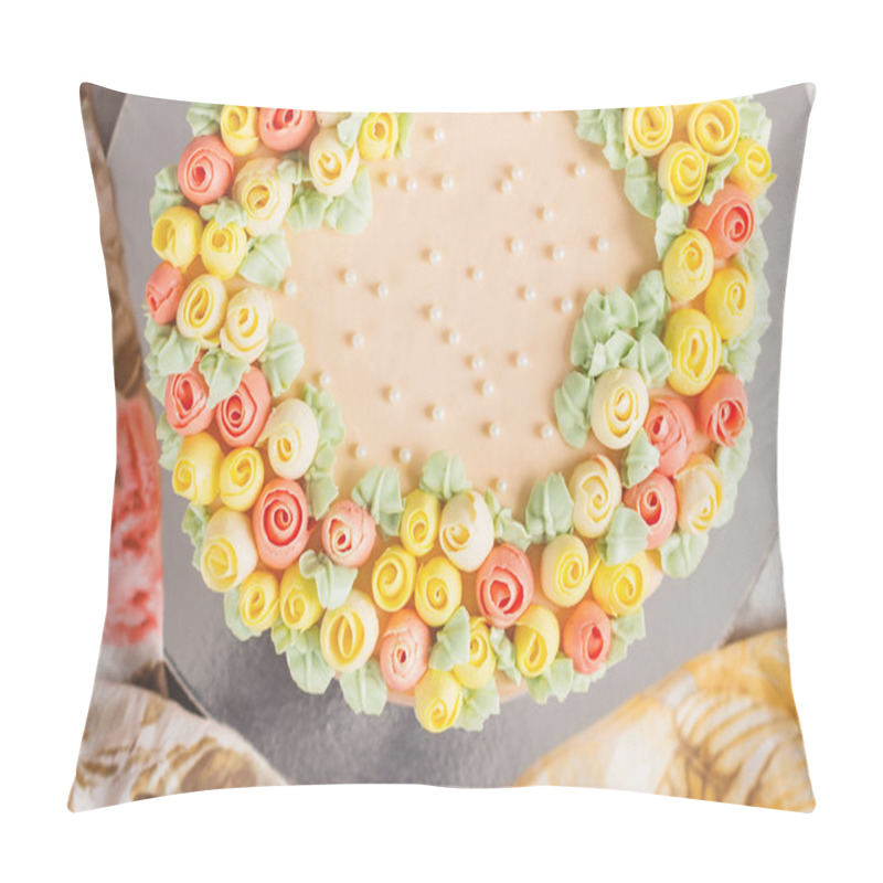 Personality  Cream Cake Decorated With Small Yellow And Pink Roses Pillow Covers