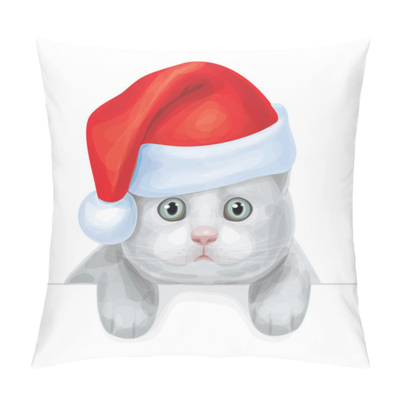 Personality  Vector Of Cute Kitten In Santa's Hat Hiding By Blank. Pillow Covers