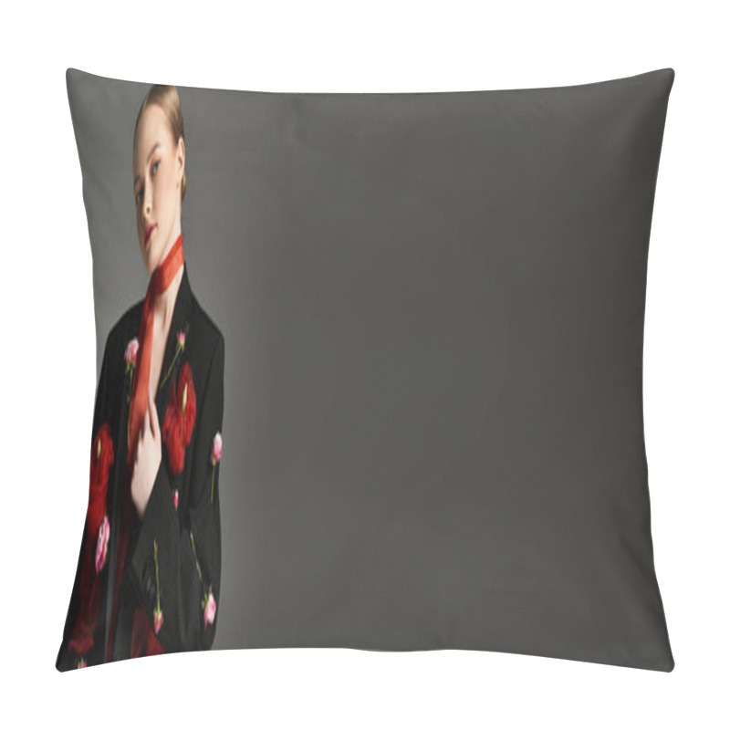 Personality  A Young Woman Showcases Her Floral Inspired Ensemble With Elegance. Pillow Covers