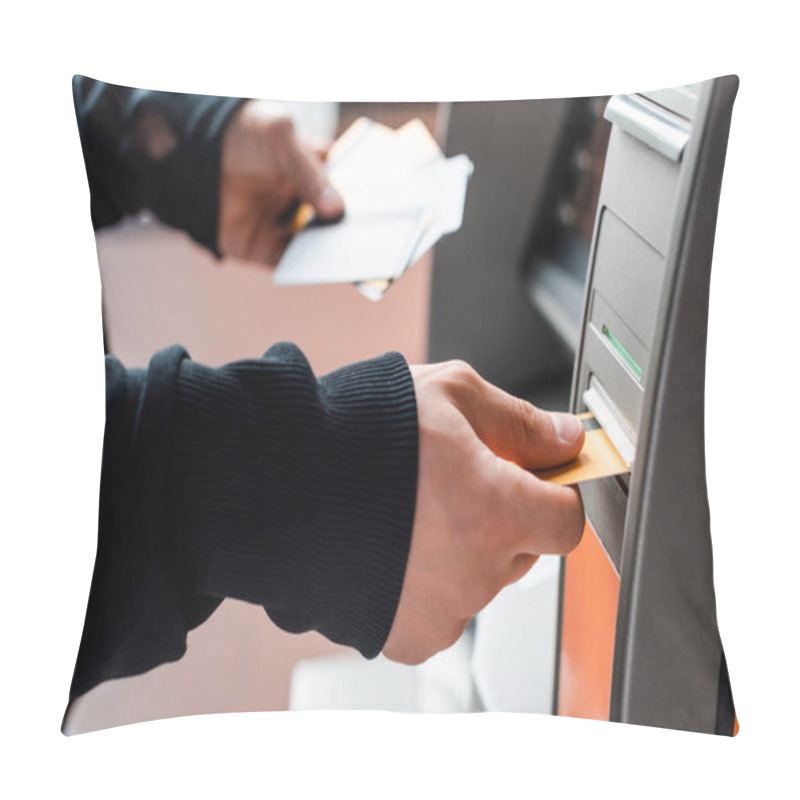 Personality  Cropped View Of Thief Holding Credit Cards While Using Automated Teller Machine Pillow Covers