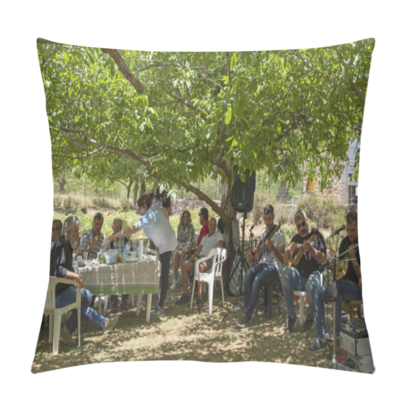 Personality  Crete, Greece. June 2019. Cretans And Their Guests  Enjoy Cretan Music And Lunch Uner The Shade Of Olive Trees. Pillow Covers