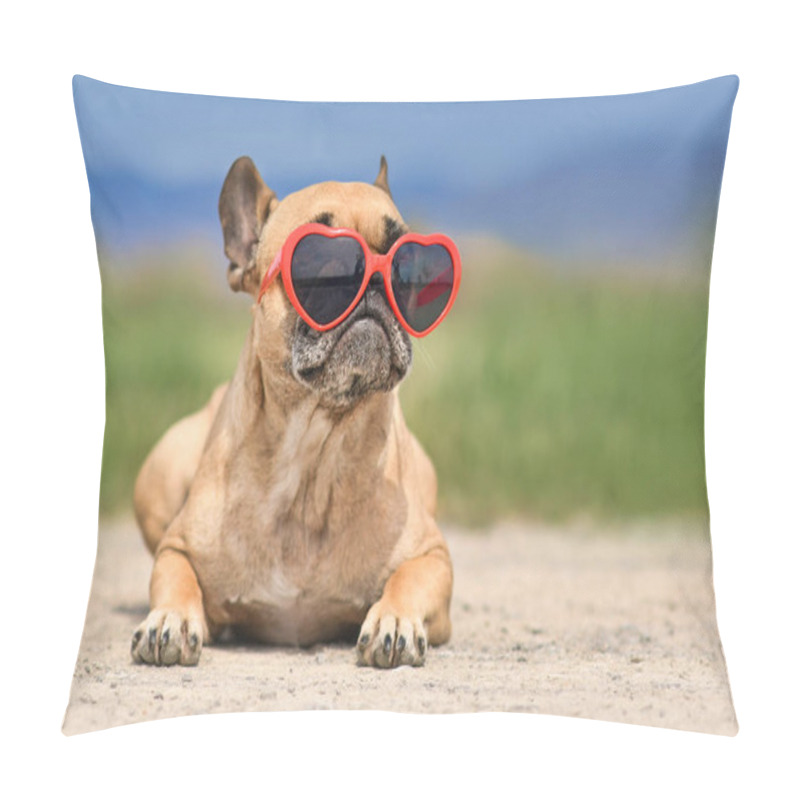 Personality  French Bulldog Dog Wearing Red Heart Shaped Sunglasses In Summer  Pillow Covers