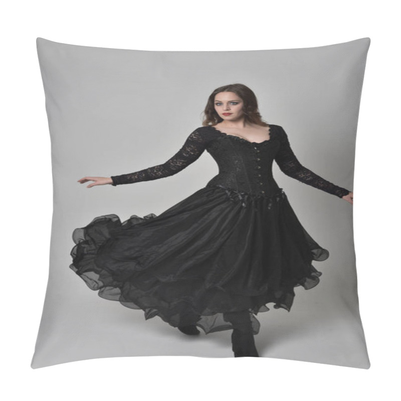 Personality  Full Length Portrait Of Brunette Girl Wearing Long Black Lace Gown Wit Corset. Standing Pose, Isolated On Grey Studio Background. Pillow Covers