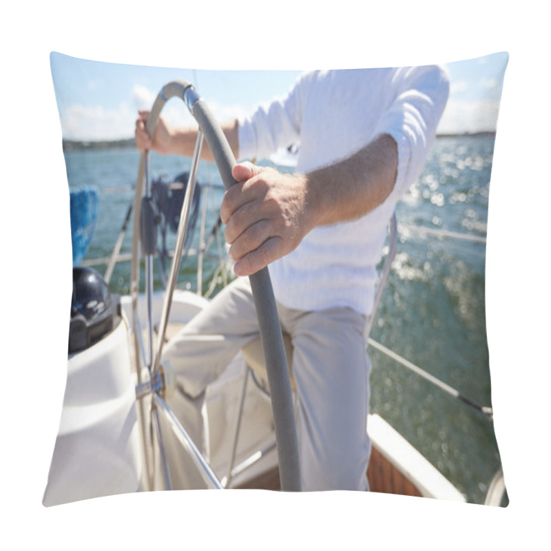 Personality  Senior Man At Helm On Boat Or Yacht Sailing In Sea Pillow Covers