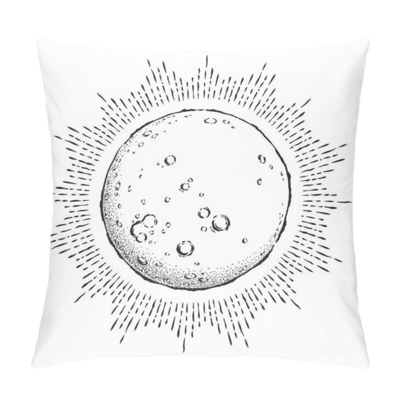 Personality  Antique Style Hand Drawn Line Art And Dot Work Full Moon With Rays Of Light. Boho Chic Tattoo Or Print Design Vector Illustration. Pillow Covers