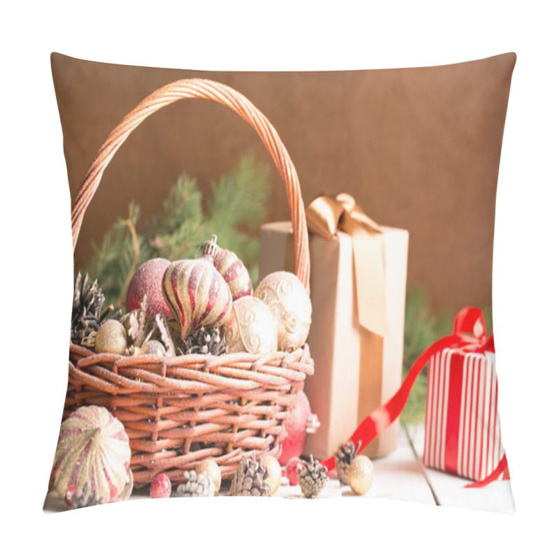 Personality  Christmas Basket With Red And Golden Ornaments Pillow Covers