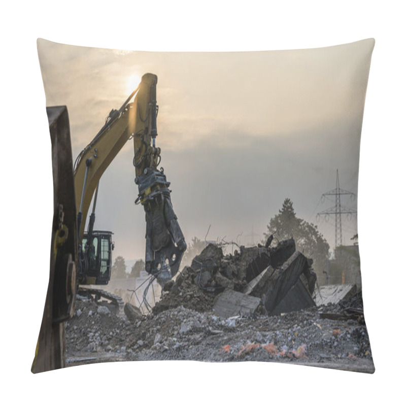 Personality  Building House Destruction Demolition Site Excavator With Hydraulic Crusher Machine Ruin House Pillow Covers