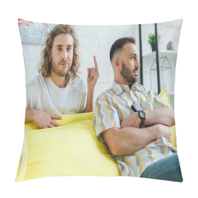 Personality  Selective Focus Of Displeased Homosexual Man Showing Middle Finger To Partner While Watching Movie In Living Room  Pillow Covers