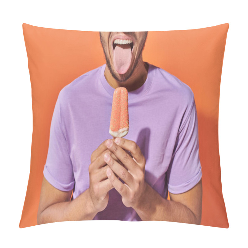 Personality  Cropped African American Man Stinking Put Tongue And Holding Ice Cream With Sprinkles Pillow Covers