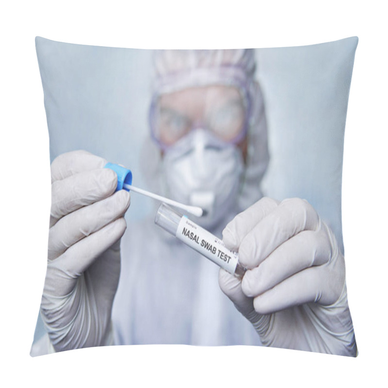 Personality  Diagnostic Testing For COVID-19. Nasal Swab Laboratory Test In Hospital Lab. Specialist Holding Test Tube With Cotton Swab, Medical Science Professional Taking Sample. Test Tube In Hand Of Scientist Pillow Covers