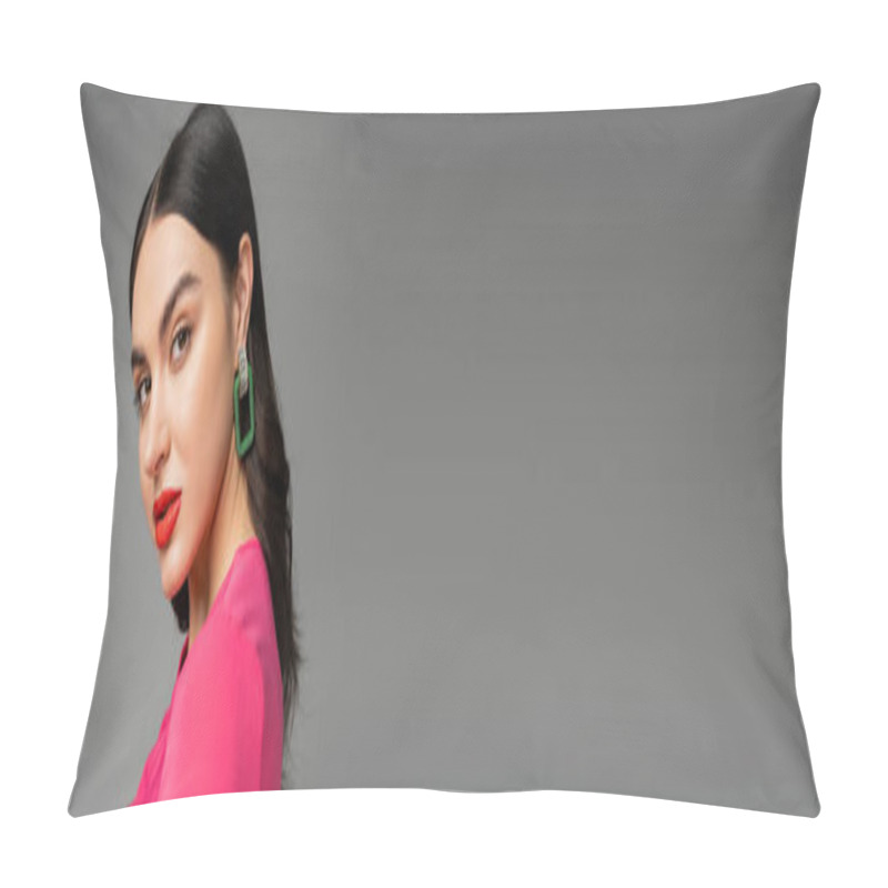 Personality  Charming Young Woman With Brunette Hair, Trendy Earrings, Red Lips And Stylish Magenta Dress Looking At Camera And Posing On Grey Background, Banner  Pillow Covers