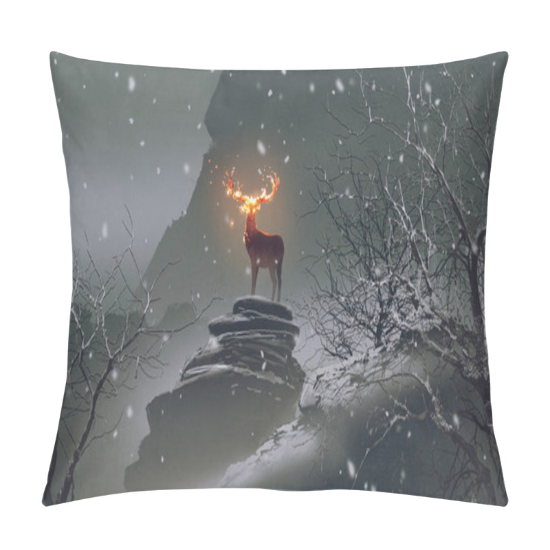 Personality  The Deer With Its Fire Horns Standing On Rocks In Winter Landscape, Digital Art Style, Illustration Painting Pillow Covers