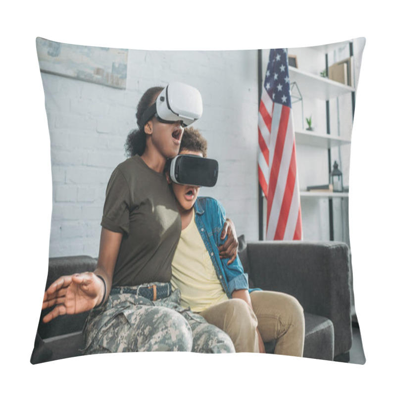 Personality  African American Female Soldier With Son Using Vr Glasses Pillow Covers