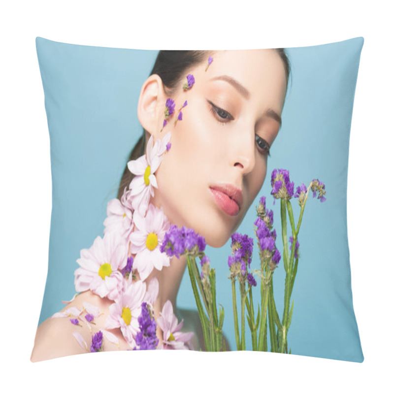 Personality  Attractive And Naked Woman Looking At Blooming Flowers Isolated On Blue  Pillow Covers