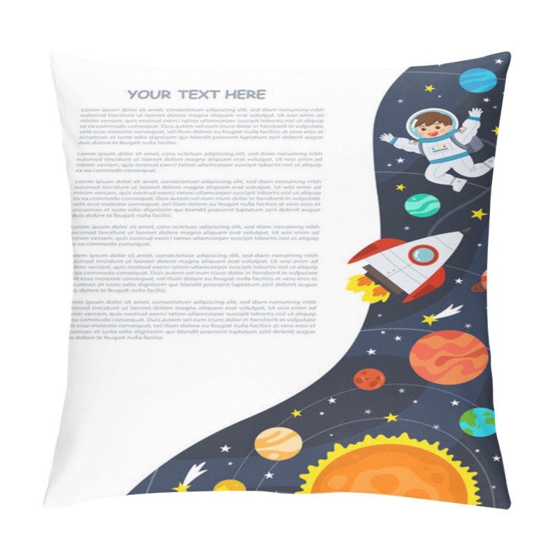 Personality  Astronaut In Cosmos With Spaceship Stars And Planets, Spaceman In Galaxy. Space Scenes. Science Education Concept. Template For Advertising Brochure. Pillow Covers