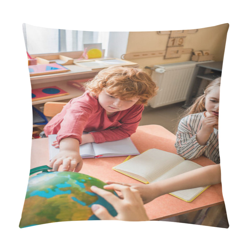 Personality  Children Looking At Globe During Lesson In Montessori School Pillow Covers