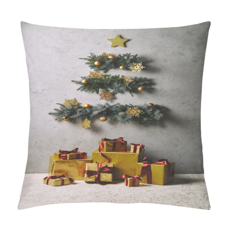 Personality  Handmade Christmas Tree And Star Hanging On Grey Wall, Gift Boxes On Floor In Room Pillow Covers