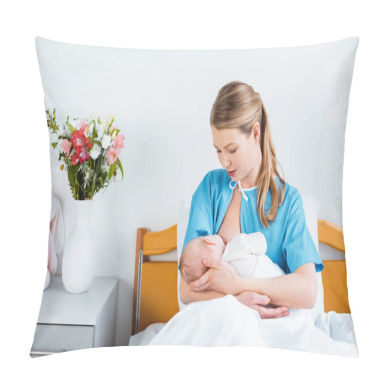 Personality  Young Mother Sitting In Bed And Breastfeeding Newborn Baby In Hospital Room Pillow Covers